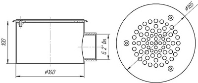 Донный слив нерж. круглый, под плитку, Ø160х100 2” (внутр.) AISI 304, Р4-03 схема