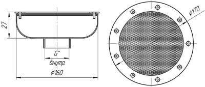 Водозабор с сетчатой крышкой Ø160 2 (внутр.), 20м3час, универсальный,нерж. схема
